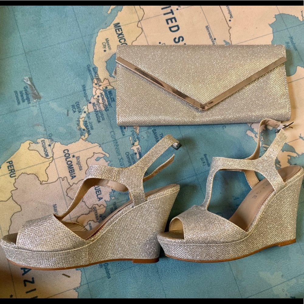 Glittery silver wedge in size 8 with matching clutch. Rampage purchased at Macys